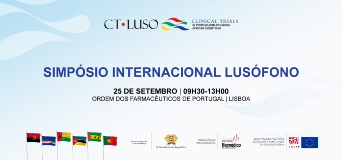 Banner oficial de divulgação do Simpósio Internacional sobre ensaios clínicos nos países lusófonos. Foto divulgação
