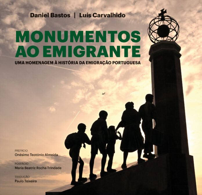 Capa de “Monumentos ao Emigrante”, obra que percorre Portugal continental e ilhas para registrar memoriais da diáspora lusa. Foto divulgação